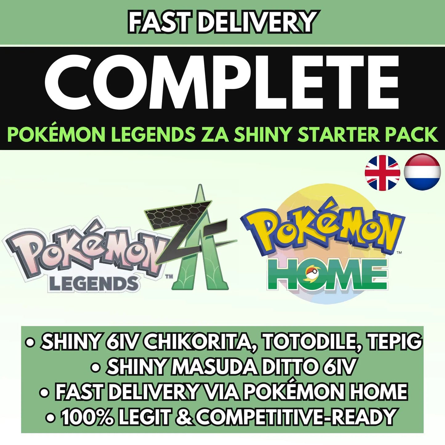 Pokémon Legends ZA Shiny Starter Pack + Masuda Ditto / Chikorita, Totodile, Tepig / HOME Instant Delivery Breeding Bundle