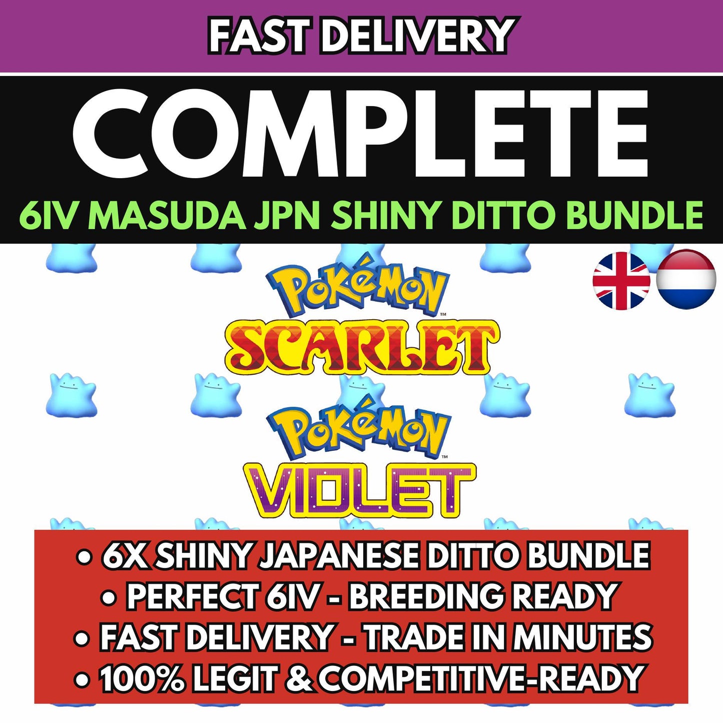 SHINY 6IV DITTO Bundle (Adamant, Modest, Timid, Jolly, Bold, Calm) Japanese Masuda Pokémon Scarlet Violet Breeding Pack