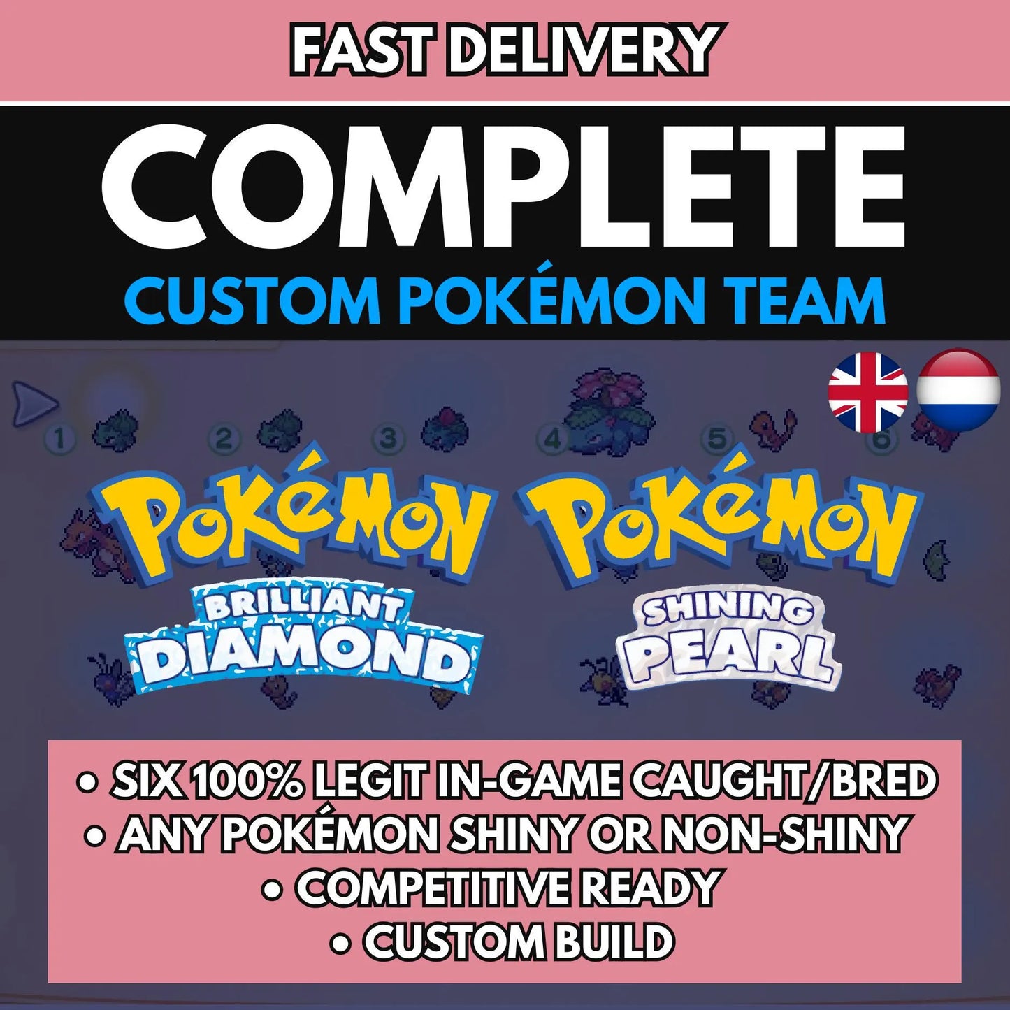 6IV CUSTOM POKÉMON Team / Pokémon Brilliant Diamond & Shining Pearl / Choose Pokemon, Shiny, Level, EV's, Nature, Gender, Moves / Free Shiny