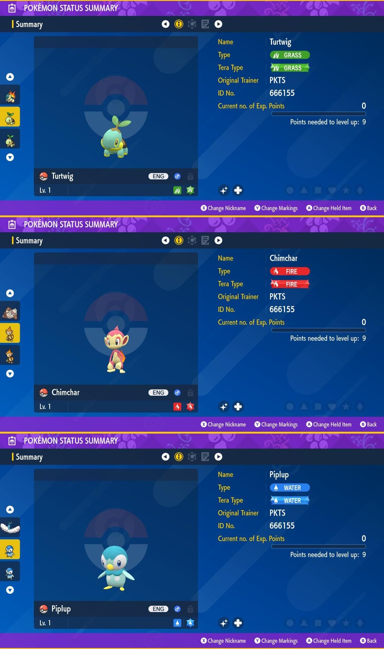 SHINY Turtwig, Chimchar, Piplup Bundle Pack 6IV EV / Pokémon Scarlet and Violet / 6IV Pokemon / Shiny Pokemon / Free Shiny / EV Trained
