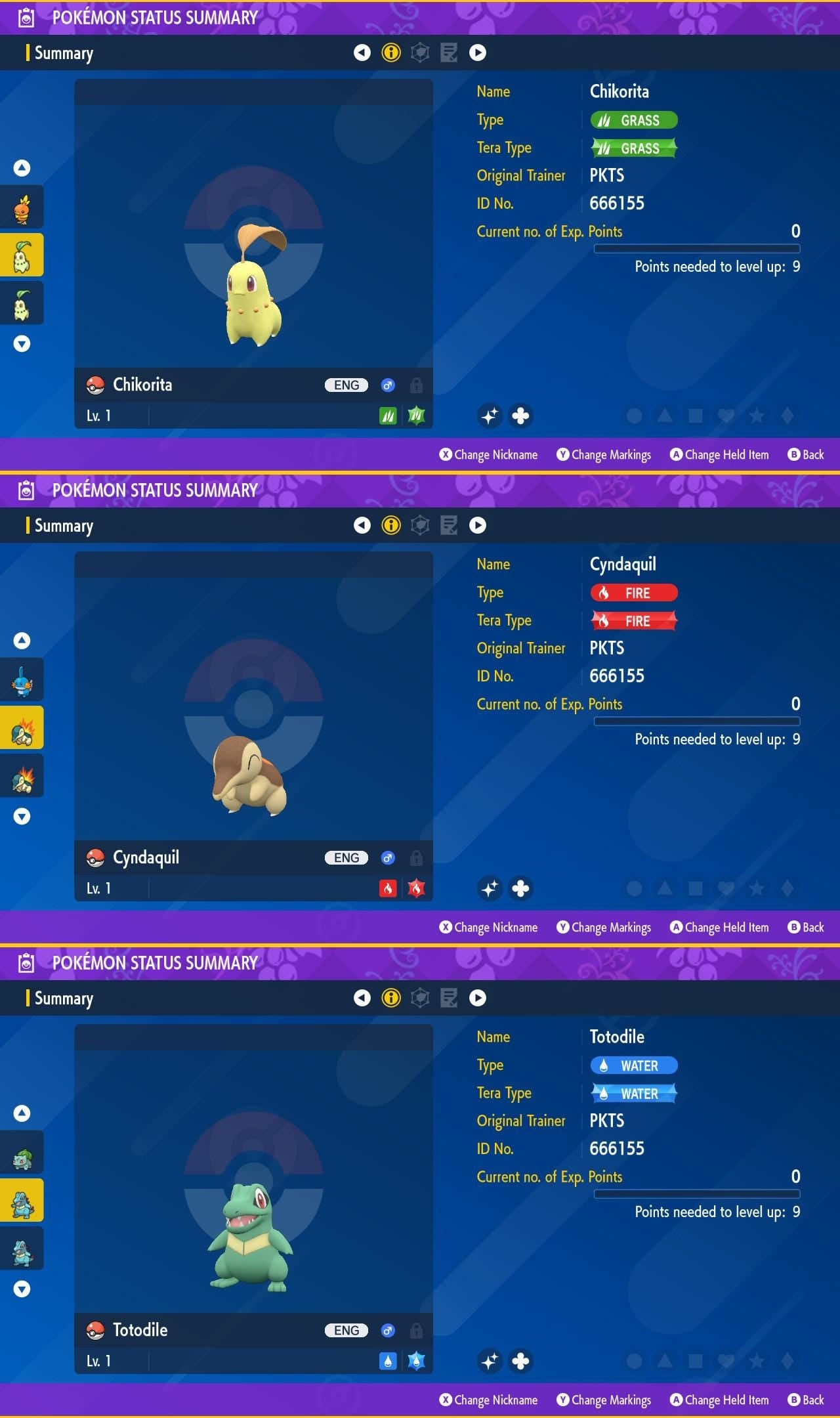 SHINY Chikorita, Cyndaquil, Totodile Bundle Pack 6IV EV / Pokémon Scarlet and Violet / 6IV Pokemon / Shiny Pokemon / Free Shiny / EV Trained