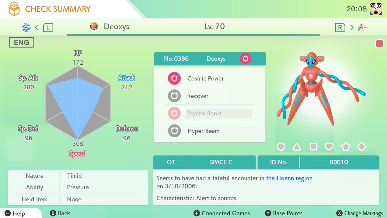 ENG Space C Deoxys | Lv70 Event | 6IV Timid | Hoenn Region (2006) | Legal Mythical Pokémon | HOME & Sv Ready | Ultra Rare