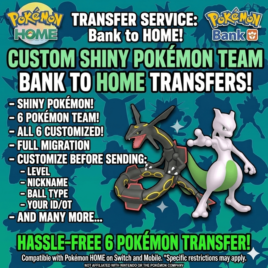 6IV CUSTOM POKÉMON Team (Gen 1 - 7) / Pokémon Home / Choose Pokemon, Shiny, Level, EV's, Nature, Gender, Moves / Free Shiny / - Instant Delivery Trade