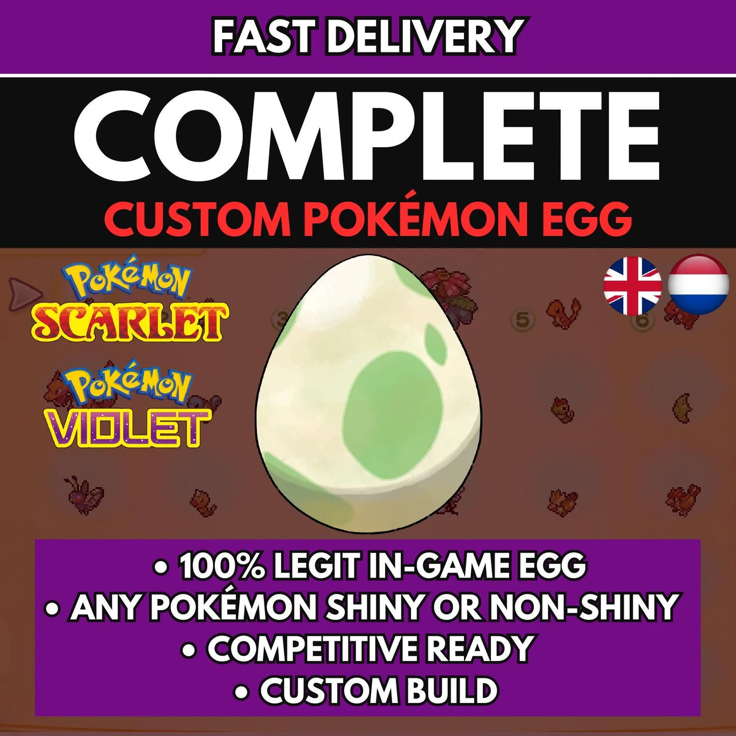 6IV CUSTOM POKÉMON Egg / Pokémon Scarlet and Violet / Choose Pokemon, Shiny, Level, EV's, Nature, Gender, Moves / Free Shiny /