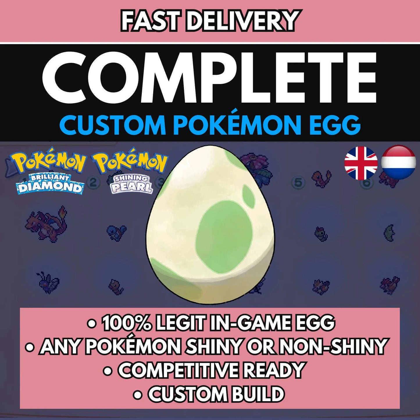 6IV CUSTOM POKÉMON Egg / Pokémon Brilliant Diamond & Shining Pearl / Choose Pokemon, Shiny, Level, EV's, Nature, Gender, Moves / Free Shiny