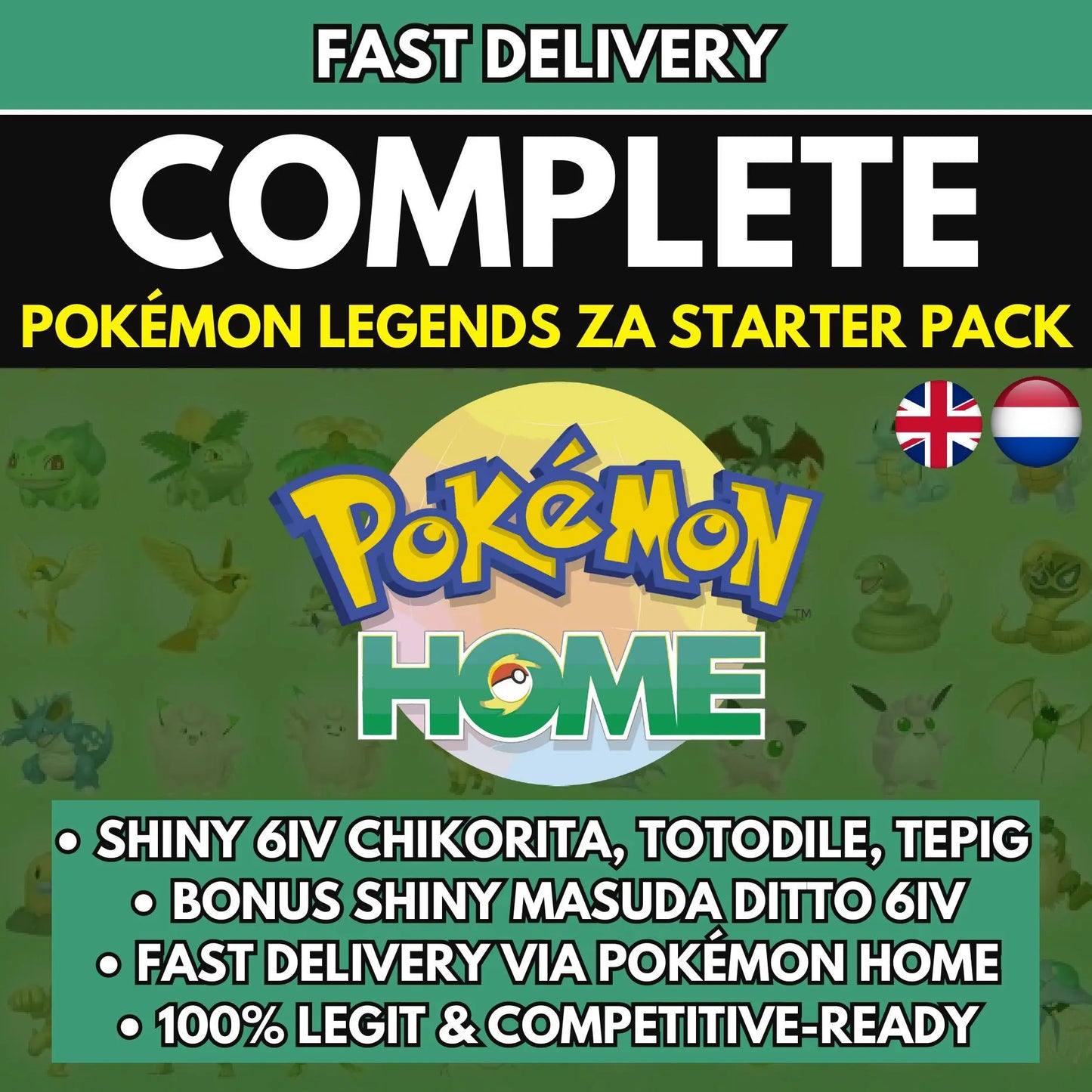 HOME TRANSFER Pokemon Legends Z-A Shiny Starter Pack + Masuda Ditto / Chikorita, Totodile, Tepig / HOME Instant Delivery Breeding Bundle