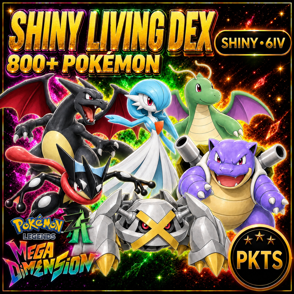 PKTS Shiny Living Dex artwork for Pokémon Legends: Z-A Mega Dimension, labeled 800+ Pokémon.