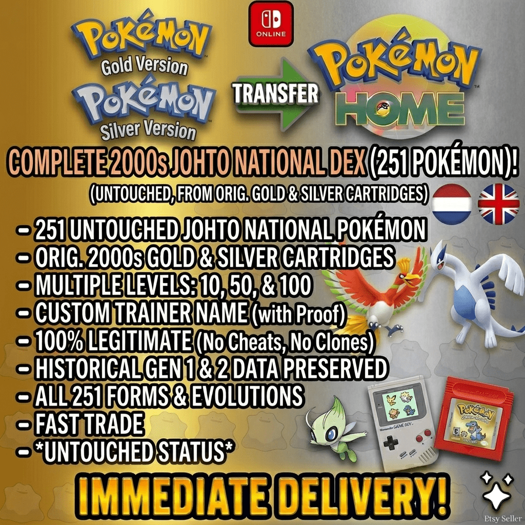 SHINY POKEMON BUNDLE Authentic Gold Silver Pokedex 264 Untouched Pokemon Home Transfer Custom Ot 2000s Cartridges 30th Anniversary - Instant Delivery Trade