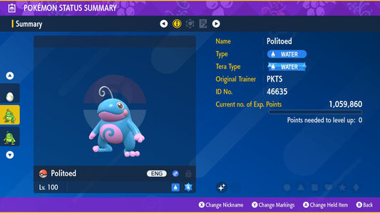 SHINY 6IV POLITOAD / Pokémon Scarlet and Violet / 6IV Pokemon / Shiny Pokemon / Competitive /  Fast Trade / Pokerus / Rare Pokemon