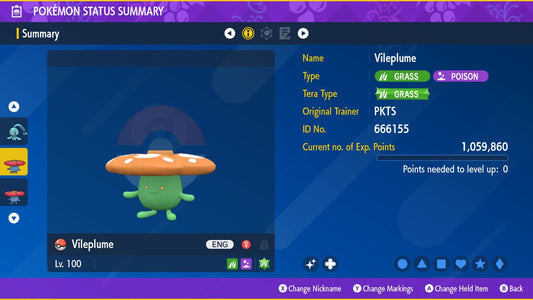 SHINY 6IV VILEPLUME EV Trained | Scarlet & Violet Pokémon | Battle Ready Competitive | Free Bonus Shiny |