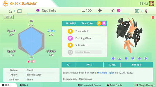Pokemon HOME 6IV Shiny TAPU KOKO | Pokémon Home Trade | Scarlet Violet, Sword Shield, BdSp, Legends Arceus, Lets Go | Bonus Shiny Gift