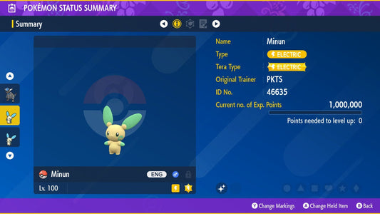 SHINY 6IV MINUN EV Trained | Scarlet & Violet Pokémon | Battle Ready Competitive | Free Bonus Shiny |