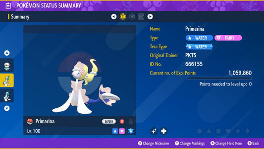 SHINY 6IV PRIMARINA EV Trained | Scarlet & Violet Pokémon | Battle Ready Competitive | Free Bonus Shiny |