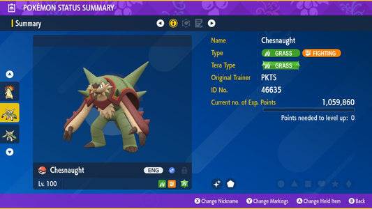 SHINY 6IV CHESNAUGHT EV Trained | Scarlet & Violet Pokémon | Battle Ready Competitive | Free Bonus Shiny |
