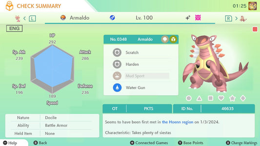 Pokemon HOME 6IV Shiny ARMALDO | Pokémon Home Trade | Scarlet Violet, Sword Shield, BdSp, Legends Arceus, Lets Go | Bonus Shiny Gift