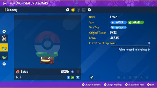SHINY 6IV LOTAD EV Trained | Scarlet & Violet Pokémon | Battle Ready Competitive | Free Bonus Shiny |