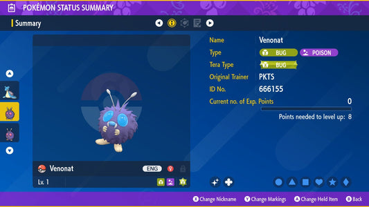 SHINY 6IV VENONAT EV Trained | Scarlet & Violet Pokémon | Battle Ready Competitive | Free Bonus Shiny |