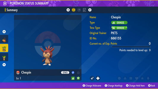 SHINY 6IV CHESPIN EV Trained | Scarlet & Violet Pokémon | Battle Ready Competitive | Free Bonus Shiny |