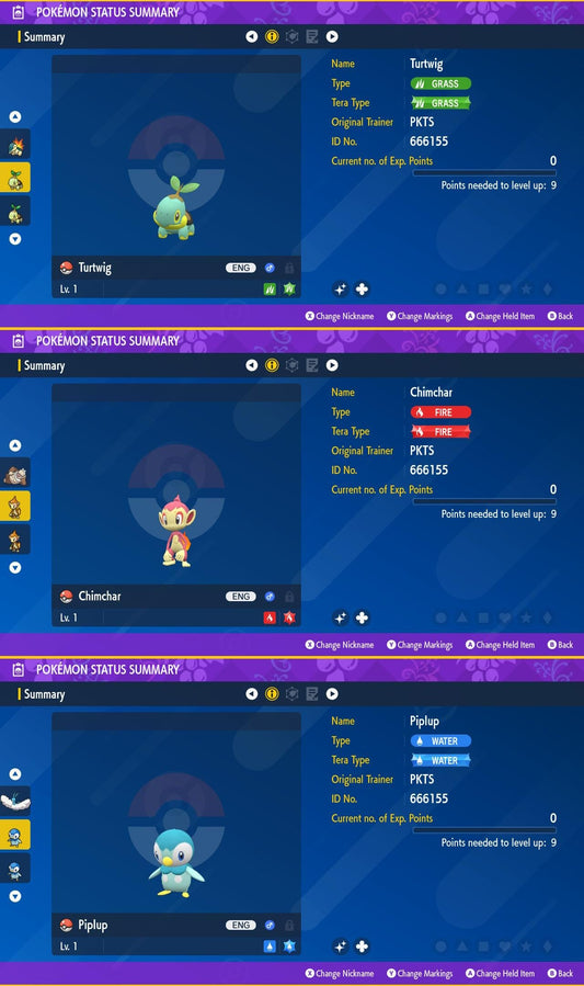 SHINY Turtwig, Chimchar, Piplup Bundle Pack 6IV EV / Pokémon Scarlet and Violet / 6IV Pokemon / Shiny Pokemon / Free Shiny / EV Trained