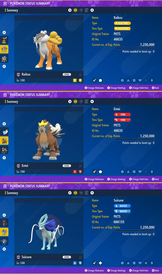 SHINY Raikou, Entei, Suicune Bundle Pack 6IV EV / Pokémon Scarlet and Violet / 6IV Pokemon / Shiny Pokemon / Free Shiny / EV Trained