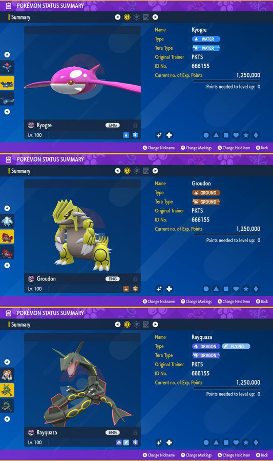 SHINY Kyogre, Groudon, Rayquaza Bundle Pack 6IV EV / Pokémon Scarlet and Violet / 6IV Pokemon / Shiny Pokemon / Free Shiny / EV Trained