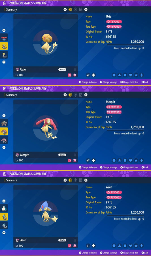 SHINY Uxie, Mesprit, Azelf Bundle Pack 6IV EV / Pokémon Scarlet and Violet / 6IV Pokemon / Shiny Pokemon / Free Shiny / EV Trained