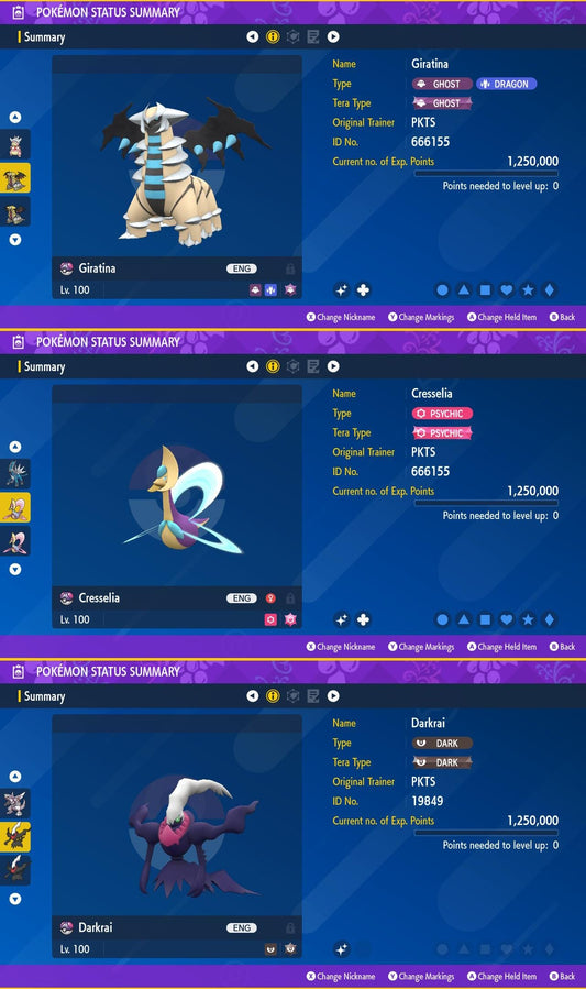 SHINY Giratina, Cresselia, Darkrai Bundle Pack 6IV EV / Pokémon Scarlet and Violet / 6IV Pokemon / Shiny Pokemon / Free Shiny / EV Trained