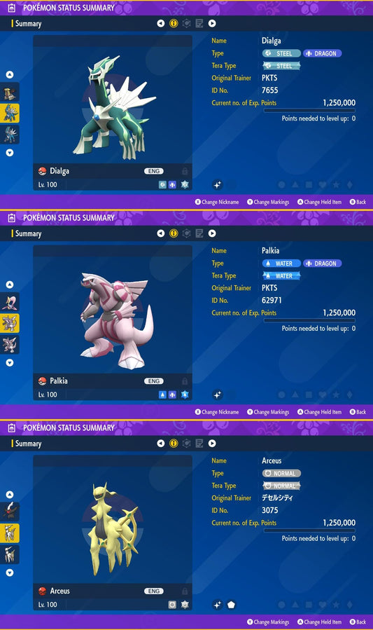 SHINY Dialga, Palkia, Arceus Bundle Pack 6IV EV / Pokémon Scarlet and Violet / 6IV Pokemon / Shiny Pokemon / Free Shiny / EV Trained