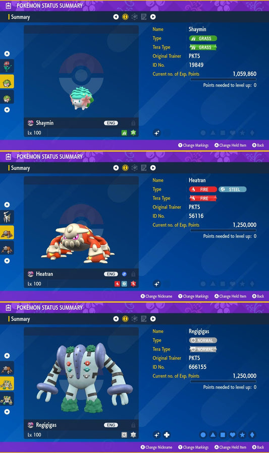 SHINY Shaymin, Heatran, Regigigas Bundle Pack 6IV EV / Pokémon Scarlet and Violet / 6IV Pokemon / Shiny Pokemon / Free Shiny / EV Trained