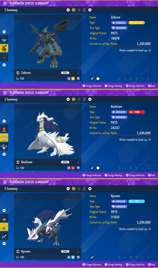 SHINY Zekrom, Reshiram, Kyurem Bundle Pack 6IV EV / Pokémon Scarlet and Violet / 6IV Pokemon / Shiny Pokemon / Free Shiny / EV Trained