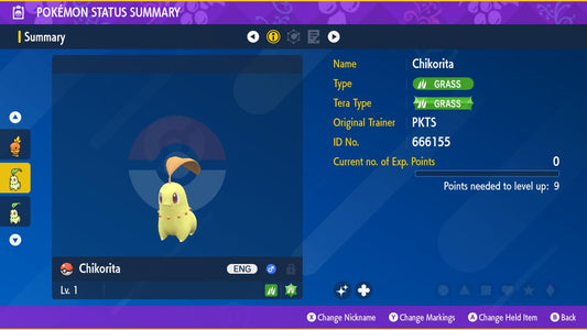 SHINY 6IV CHIKORITA / Pokémon Scarlet and Violet / 6IV Pokemon / Shiny Pokemon / Competitive /  Free Shiny / Fast Trade / Pokerus /