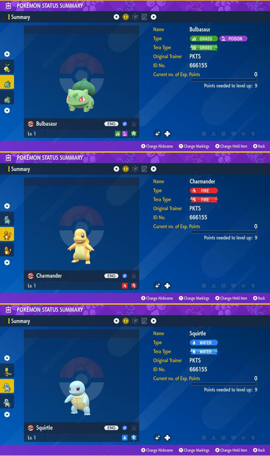 SHINY Bulbasaur, Charmander, Squirtle Bundle Pack 6IV EV / Pokémon Scarlet and Violet / 6IV Pokemon / Shiny Pokemon / Free Shiny EV Trained