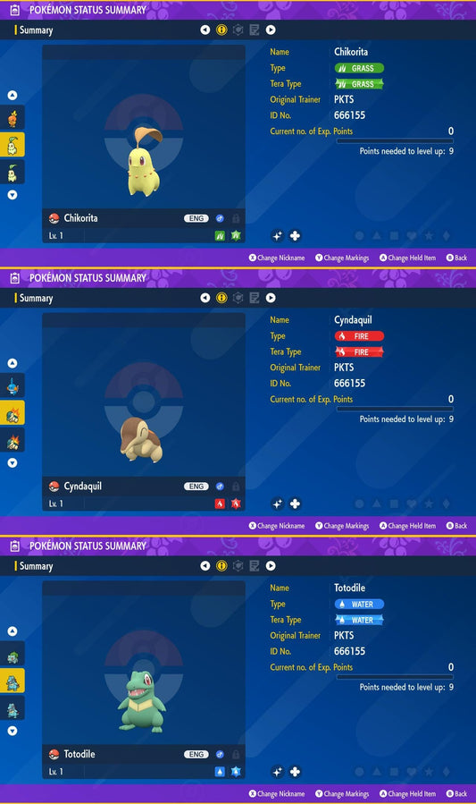 SHINY Chikorita, Cyndaquil, Totodile Bundle Pack 6IV EV / Pokémon Scarlet and Violet / 6IV Pokemon / Shiny Pokemon / Free Shiny / EV Trained
