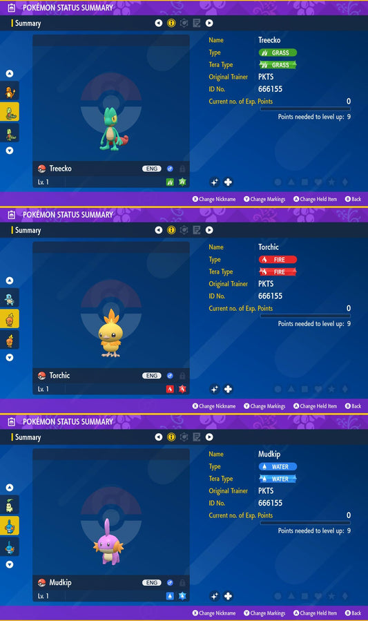 SHINY Treecko, Torchic, Mudkip Bundle Pack 6IV EV / Pokémon Scarlet and Violet / 6IV Pokemon / Shiny Pokemon / Free Shiny / EV Trained