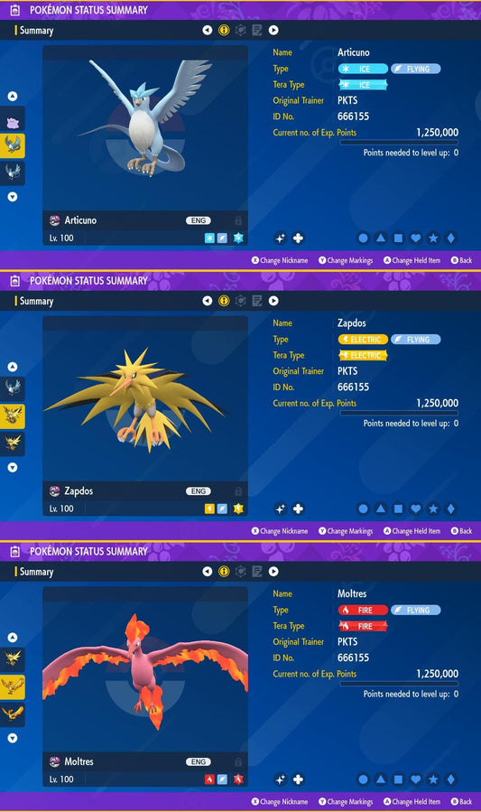 SHINY Articuno, Zapdos, Moltres Bundle Pack 6IV EV / Pokémon Scarlet and Violet / 6IV Pokemon / Shiny Pokemon / Free Shiny / EV Trained