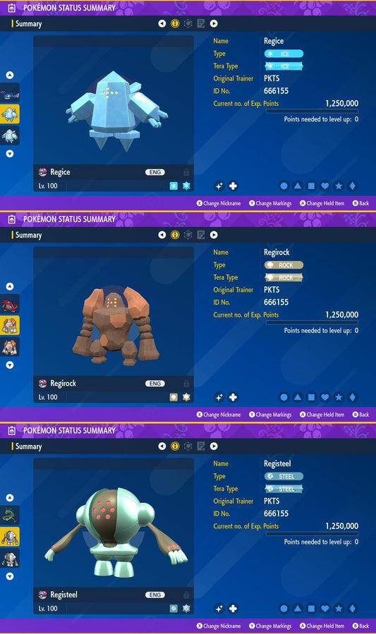 SHINY Regice, Regirock, Registeel Bundle Pack 6IV EV / Pokémon Scarlet and Violet / 6IV Pokemon / Shiny Pokemon / Free Shiny / EV Trained