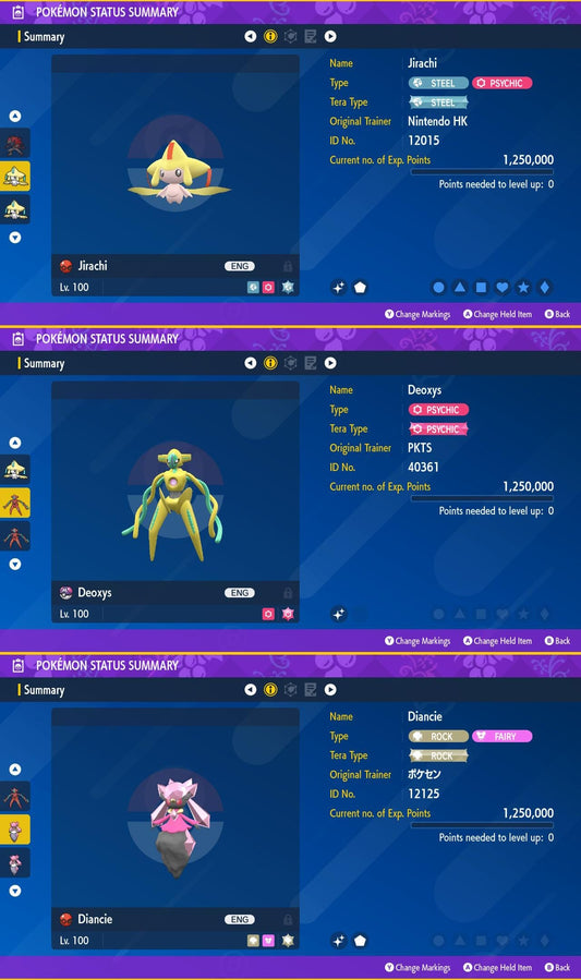 SHINY Jirachi, Deoxys, Diancie Bundle Pack 6IV EV / Pokémon Scarlet and Violet / 6IV Pokemon / Shiny Pokemon / Free Shiny / EV Trained