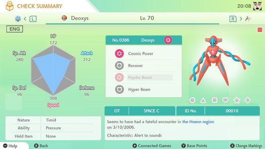 ENG Space C Deoxys | Lv70 Event | 6IV Timid | Hoenn Region (2006) | Legal Mythical Pokémon | HOME & Sv Ready | Ultra Rare