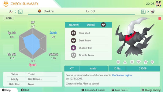 ENG Almia Darkrai | Lv50 Event | 6IV Timid | Dark Void + Shadow Ball | Legal Mythical Pokémon | HOME & SV Ready | Ultra Rare