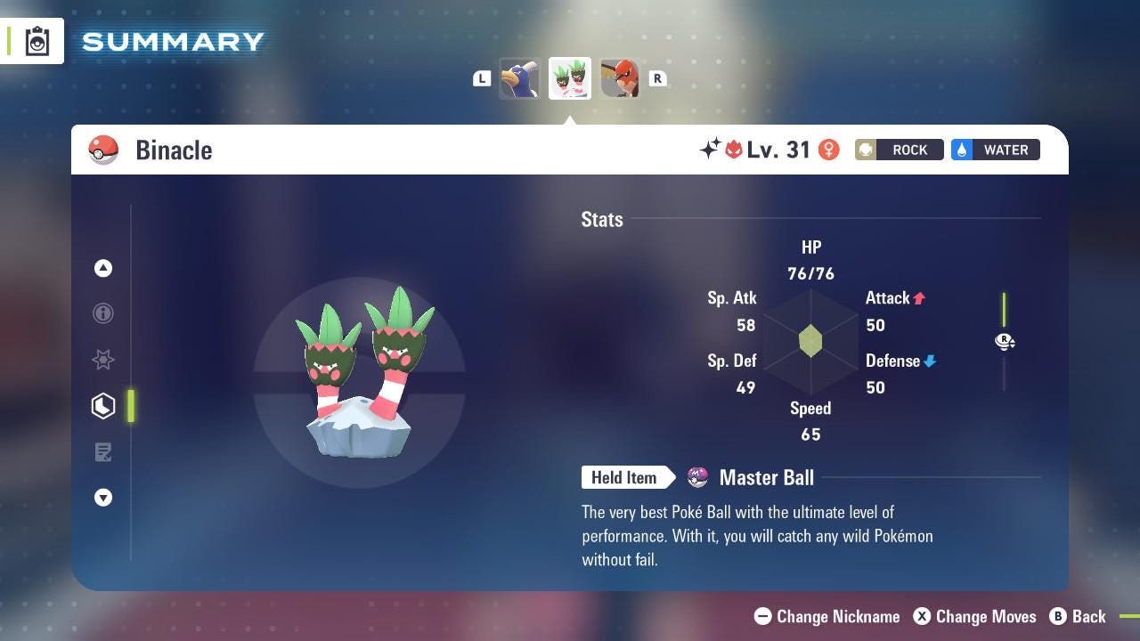 ALPHA SHINY 6IV Binacle / Pokémon Legends ZA / 6IV Pokemon / Shiny Pokemon / Competitive / Fast Trade / Pokerus / Rare Pokemon