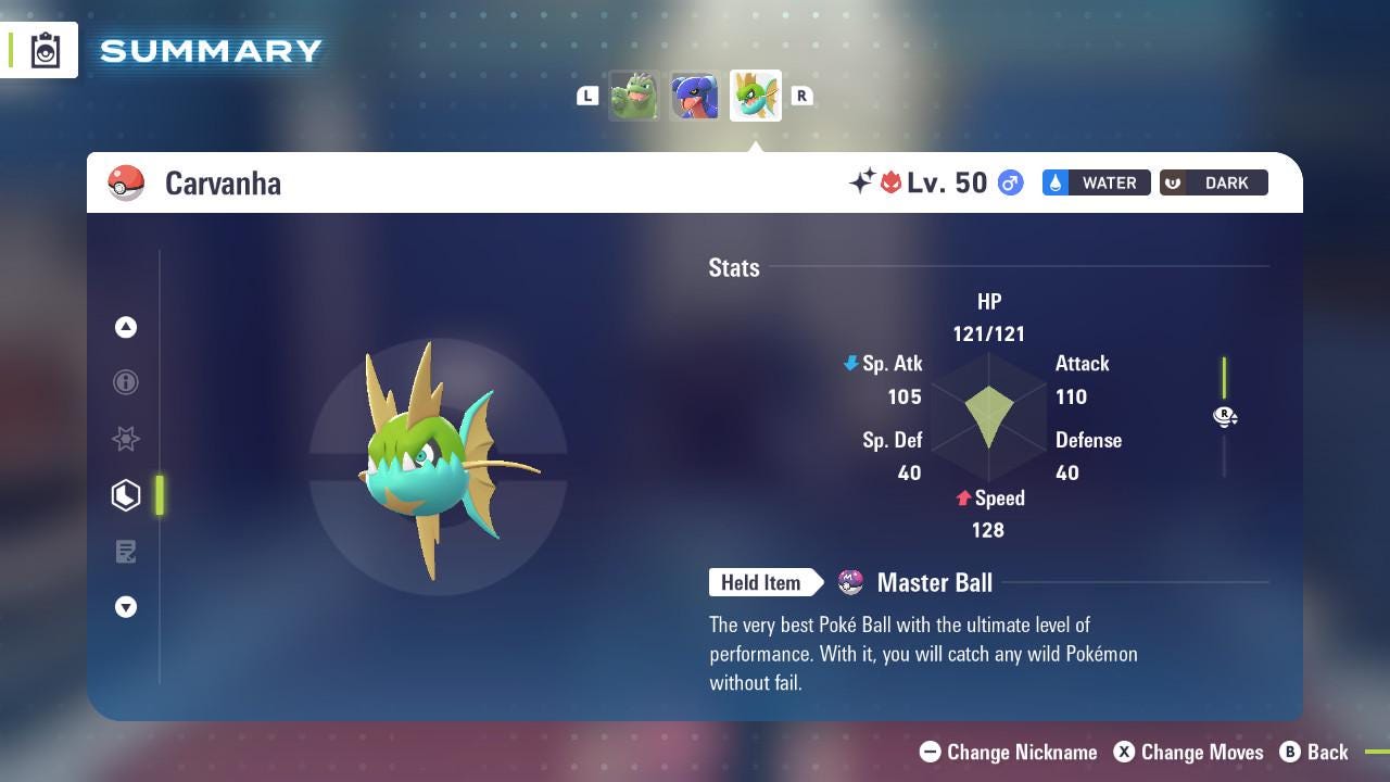 Pokemon Legends Z-A SHINY ALPHA 6IV Carvanha / Competitive Set Battle Ready EV Trained / Shiny Pokemon / Customizable / Fast Trade /