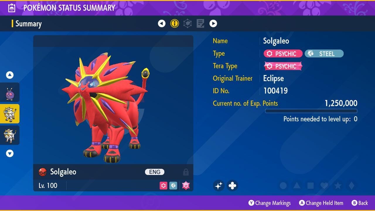 Shiny SOLGALEO Pokémon Scarlet and Violet 6IV Competitive Battle Ready - Pokémon Scarlet & Violet digital Pokémon trade image