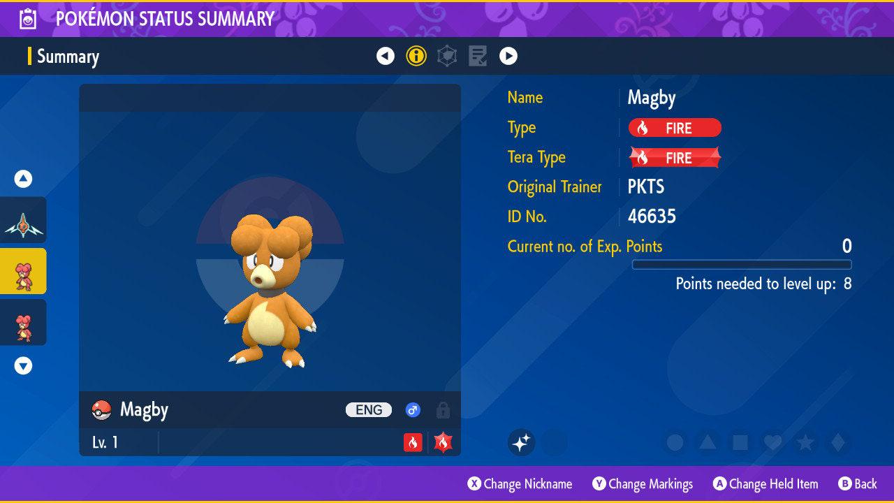 Shiny MAGBY Pokémon Scarlet and Violet 6IV Competitive Battle Ready - Pokémon Scarlet & Violet digital Pokémon trade by