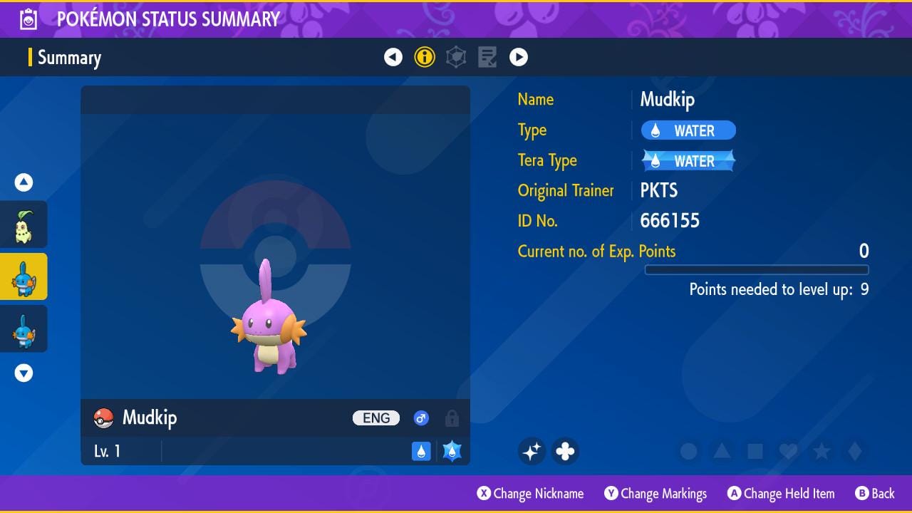 Shiny MUDKIP Pokémon Scarlet and Violet 6IV Competitive Battle Ready - Pokémon Scarlet & Violet digital Pokémon trade by