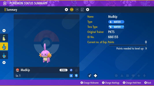Shiny MUDKIP Pokémon Scarlet and Violet 6IV Competitive Battle Ready - Pokémon Scarlet & Violet digital Pokémon trade by