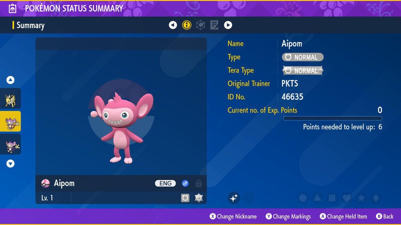 Shiny AIPOM Pokémon Scarlet Violet 6IV Competitive Battle Ready - Pokémon Scarlet & Violet digital Pokémon trade by