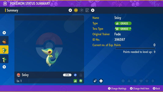 Shiny SNIVY Pokémon Scarlet and Violet 6IV Competitive Battle Ready - Pokémon Scarlet & Violet digital Pokémon trade by