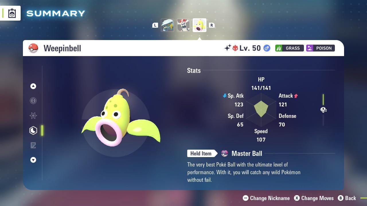 Shiny Alpha Weepinbell Pokémon Legends ZA 6IV Competitive Battle Ready - Pokémon Legends: Z-A digital Pokémon trade by