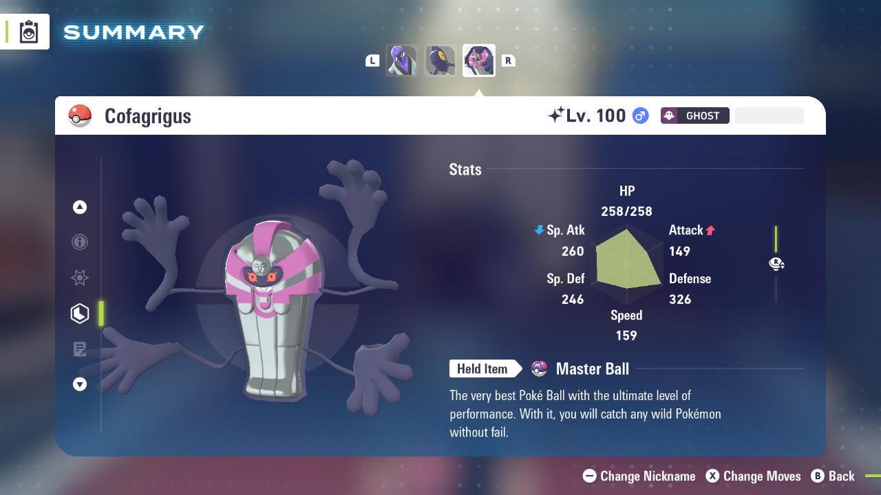 Shiny Cofagrigus Pokemon Legends ZA Mega Dimension DLC 6IV Competitive Battle - Pokémon Legends: Z-A digital Pokémon trade by