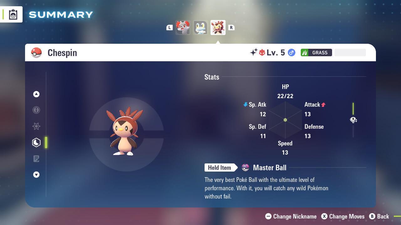 Pokemon Za Lvl 5 Adamant SHINY ALPHA 6IV Chespin Pokémon Legends ZA 6IV - Pokémon Legends: Z-A digital Pokémon trade image 2